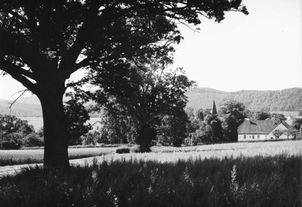 Blick auf Stapelage mit Kirche, Fachwerkhaus, Schule und Eichen